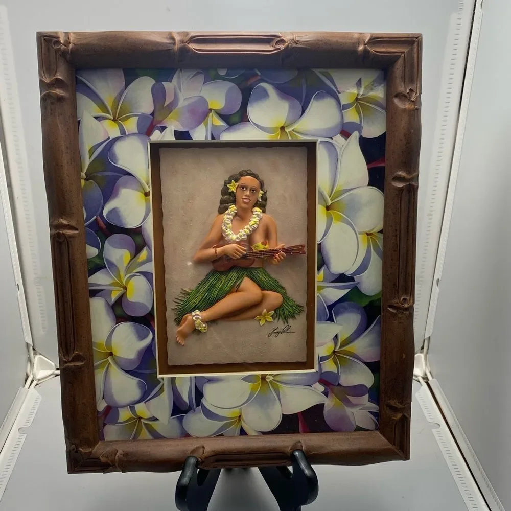 Garry Palm Hawaiian Hula Girl 3D Wall Art Framed Tropical Decor Ukulele Flowers
